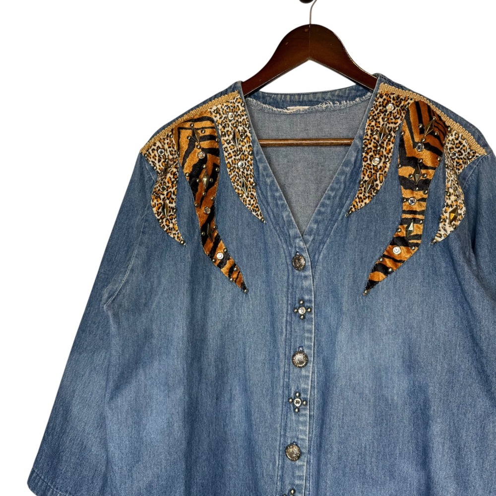 Vintage Denim Safari Western Embellished Long Lightweight Jacket Shacket Large - Picture 6 of 7